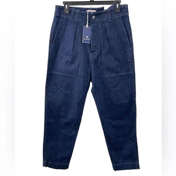 NWT Sundry Dark Wash High Rise Pleated Crop Military Relaxed Fit Jean Pants 28 - Picture 1 of 9